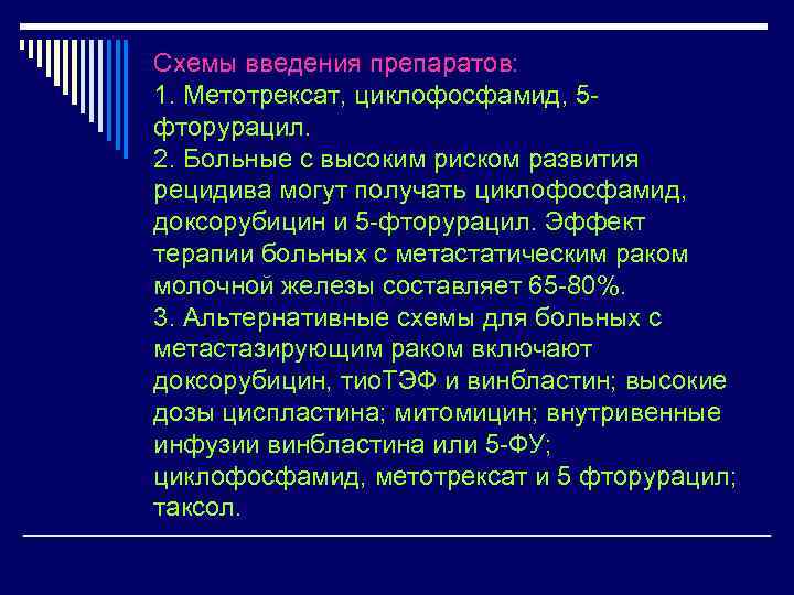 Схемы введения препаратов: 1. Метотрексат, циклофосфамид, 5 фторурацил. 2. Больные с высоким риском развития