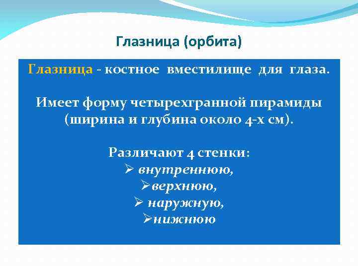 Глазница (орбита) Глазница - костное вместилище для глаза. Имеет форму четырехгранной пирамиды (ширина и