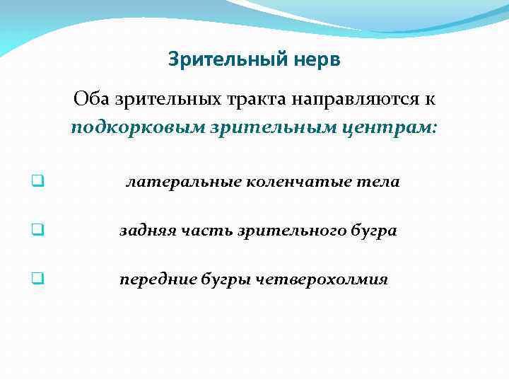 Зрительный нерв Оба зрительных тракта направляются к подкорковым зрительным центрам: q латеральные коленчатые тела