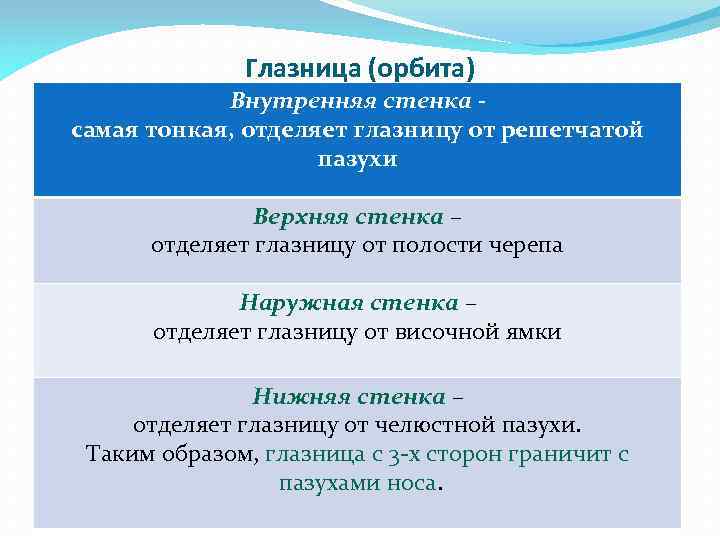 Глазница (орбита) Внутренняя стенка самая тонкая, отделяет глазницу от решетчатой пазухи Верхняя стенка –