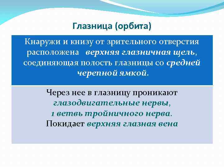Глазница (орбита) Кнаружи и книзу от зрительного отверстия расположена верхняя глазничная щель, соединяющая полость