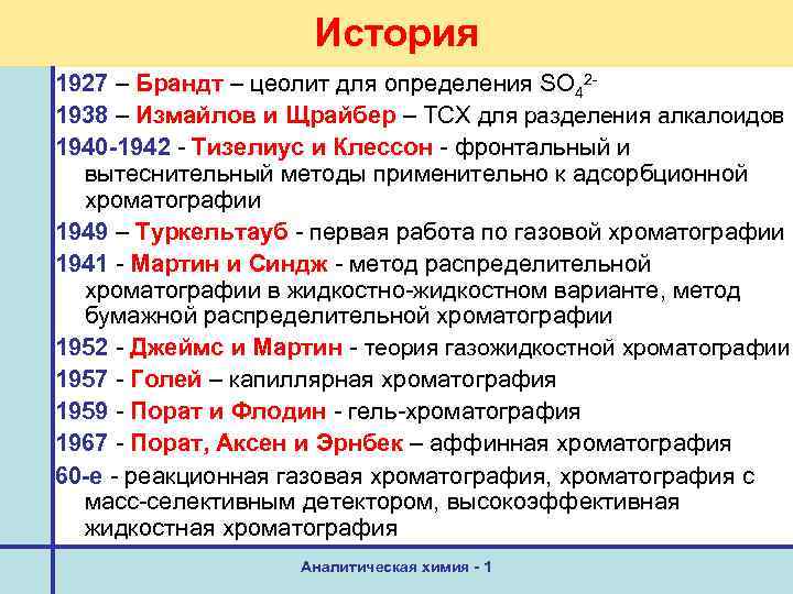 История 1927 – Брандт – цеолит для определения SO 421938 – Измайлов и Щрайбер