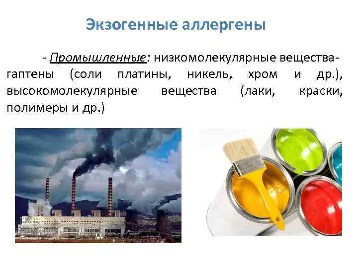 Экзогенные аллергены - Промышленные: низкомолекулярные веществагаптены (соли платины, никель, хром и др. ), высокомолекулярные