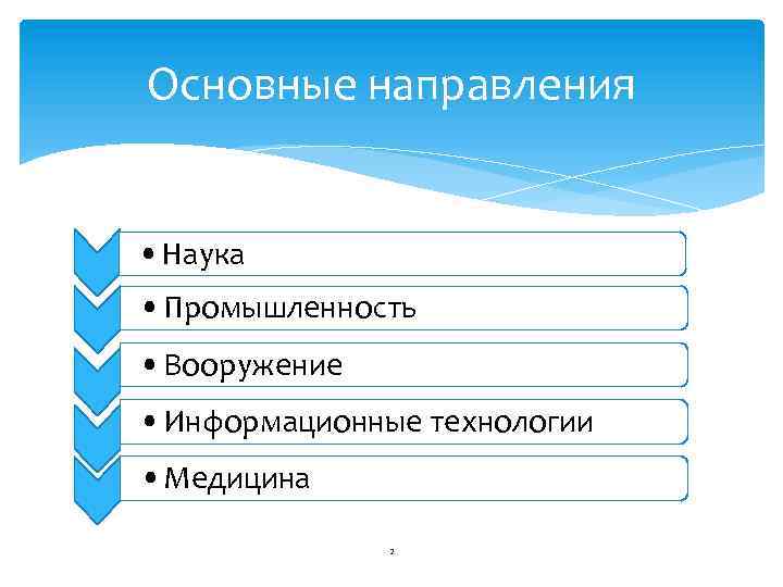 Основные направления • Наука • Промышленность • Вооружение • Информационные технологии • Медицина 2