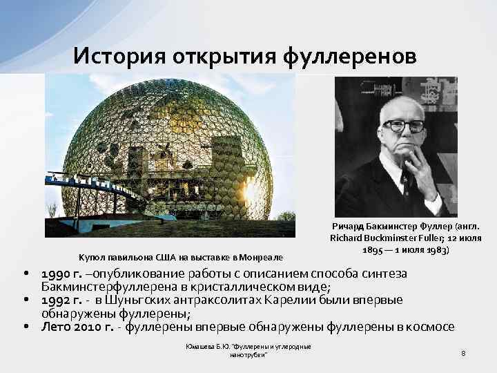 История открытия фуллеренов Купол павильона США на выставке в Монреале Ричард Бакминстер Фуллер (англ.