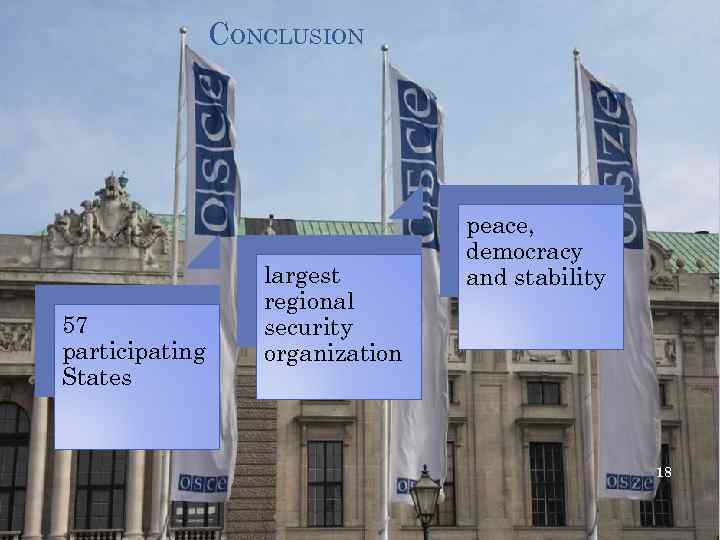 CONCLUSION 57 participating States largest regional security organization peace, democracy and stability 18 