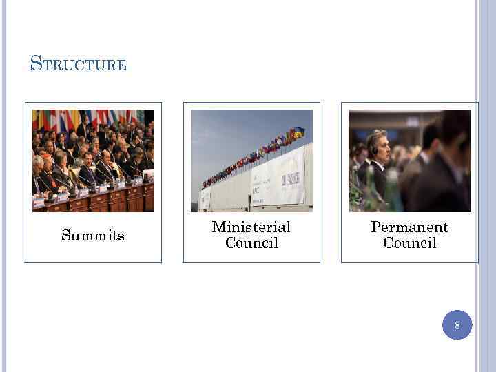 STRUCTURE Summits Ministerial Council Permanent Council 8 