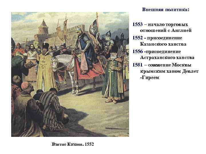 Внешняя политика: 1553 – начало торговых отношений с Англией 1552 - присоединение Казанского ханства