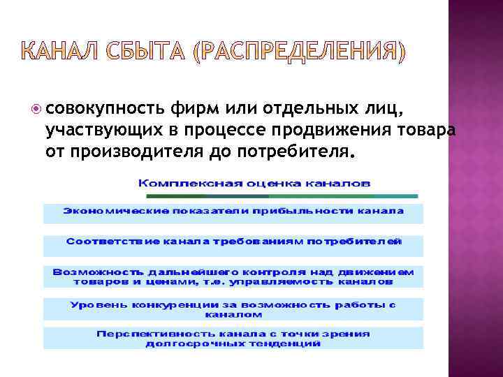  совокупность фирм или отдельных лиц, участвующих в процессе продвижения товара от производителя до
