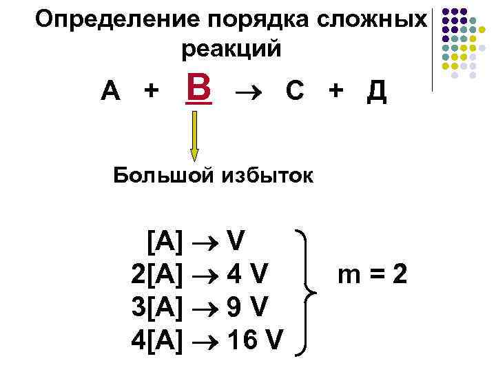 Определение порядка сложных реакций А + В С + Д Большой избыток [A] V