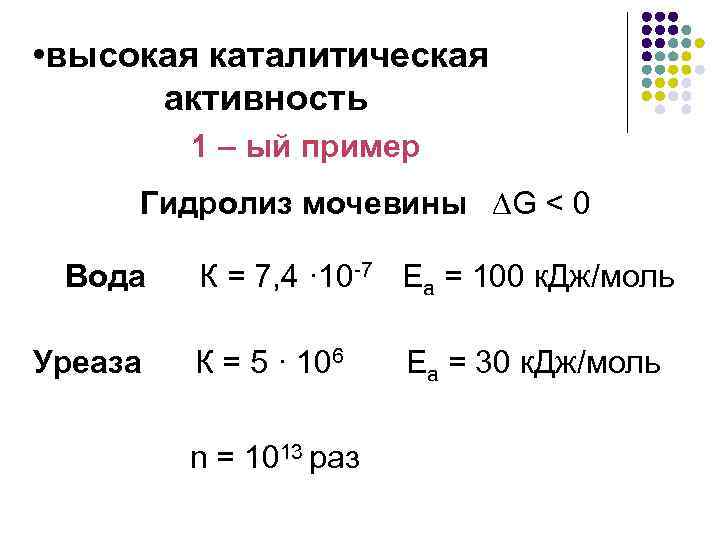  • высокая каталитическая активность 1 – ый пример Гидролиз мочевины ∆G < 0