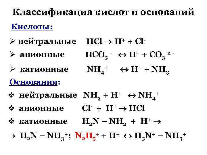 Привести классификацию оснований. Классификация кислот и оснований. Катионные основания. Нейтральные кислоты и основания:. Кислота основание примеры.