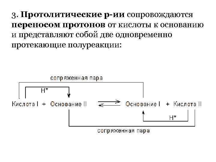 3. Протолитические р-ии сопровождаются переносом протонов от кислоты к основанию и представляют собой две