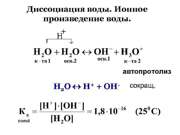 Диссоциация воды. Ионное произведение воды. автопротолиз Н 2 О Н+ + ОН- сокращ. 