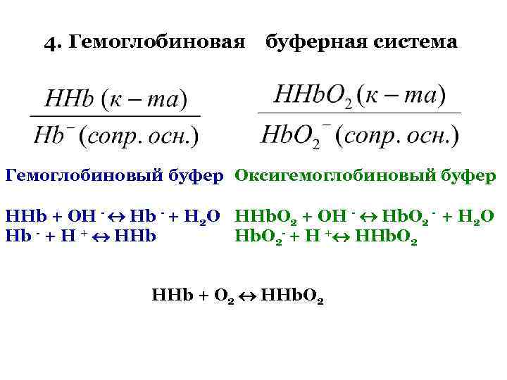 4. Гемоглобиновая буферная система Гемоглобиновый буфер Оксигемоглобиновый буфер HHb + OH - Hb -