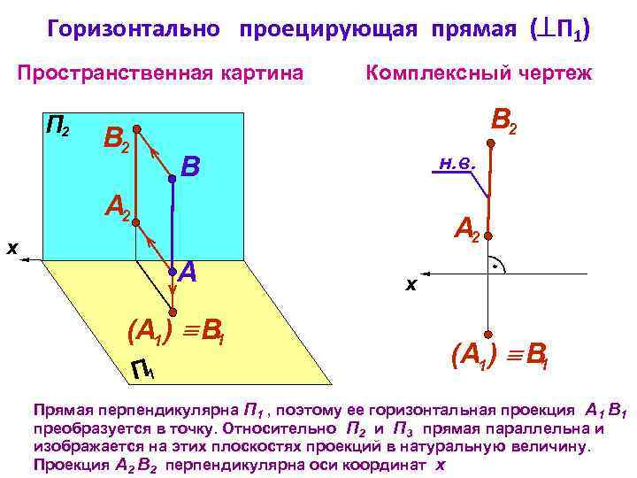 Горизонтально проецирующая прямая ( П 1) Пространственная картина П 2 Комплексный чертеж В 2