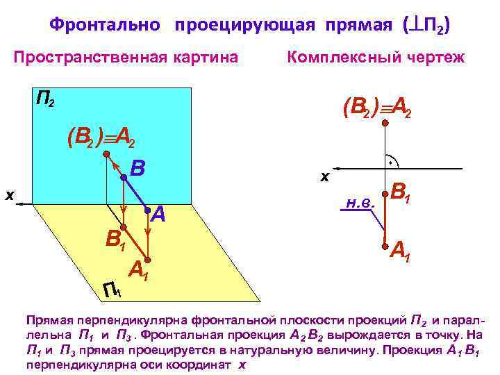 Фронтально проецирующая прямая ( П 2) Пространственная картина Комплексный чертеж П 2 (В 2