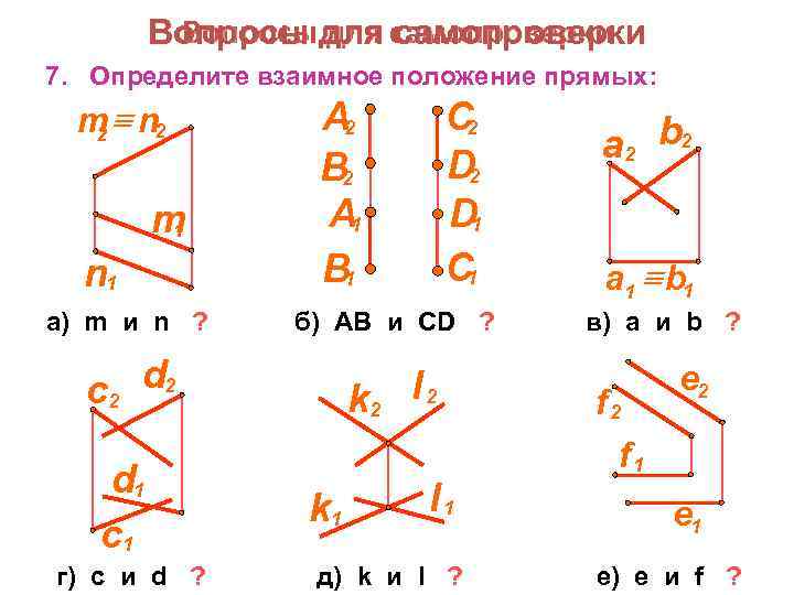 Вопросы для самопроверки 7. Определите взаимное положение прямых: m n 2 2 m 1