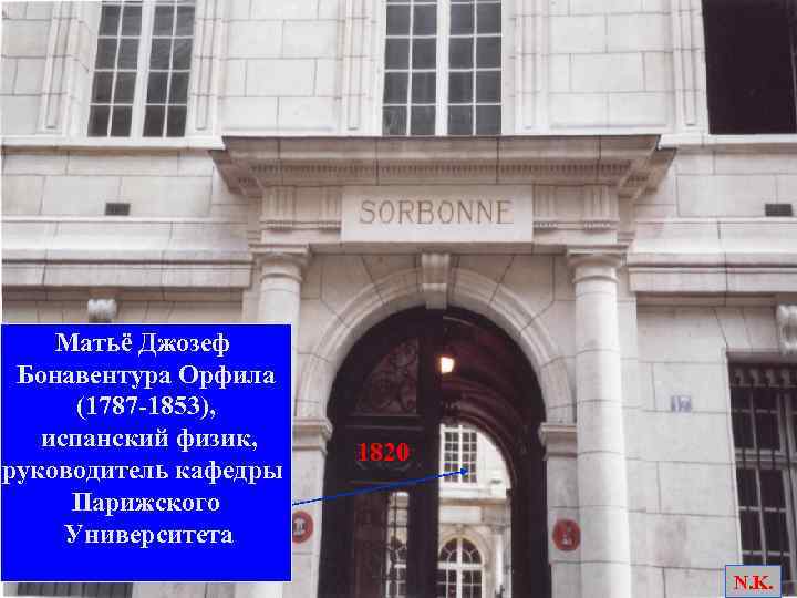 Матьё Джозеф Бонавентура Орфила (1787 -1853), испанский физик, руководитель кафедры Парижского Университета 1820 N.