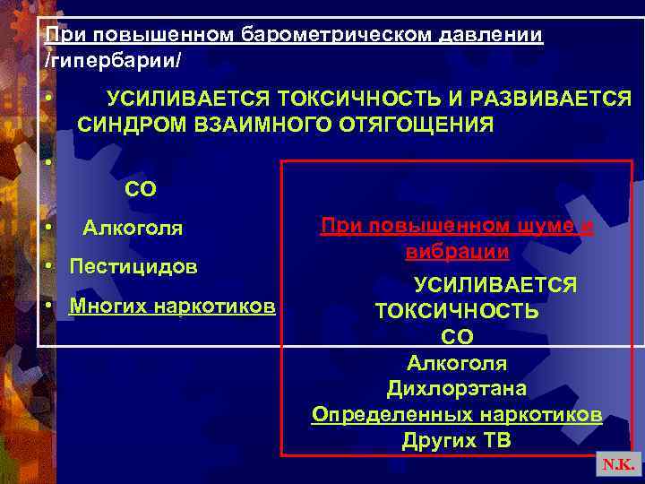 При повышенном барометрическом давлении /гипербарии/ • УСИЛИВАЕТСЯ ТОКСИЧНОСТЬ И РАЗВИВАЕТСЯ СИНДРОМ ВЗАИМНОГО ОТЯГОЩЕНИЯ •