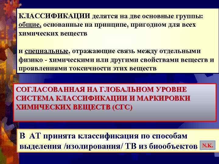КЛАССИФИКАЦИИ делятся на две основные группы: общие, основанные на принципе, пригодном для всех химических