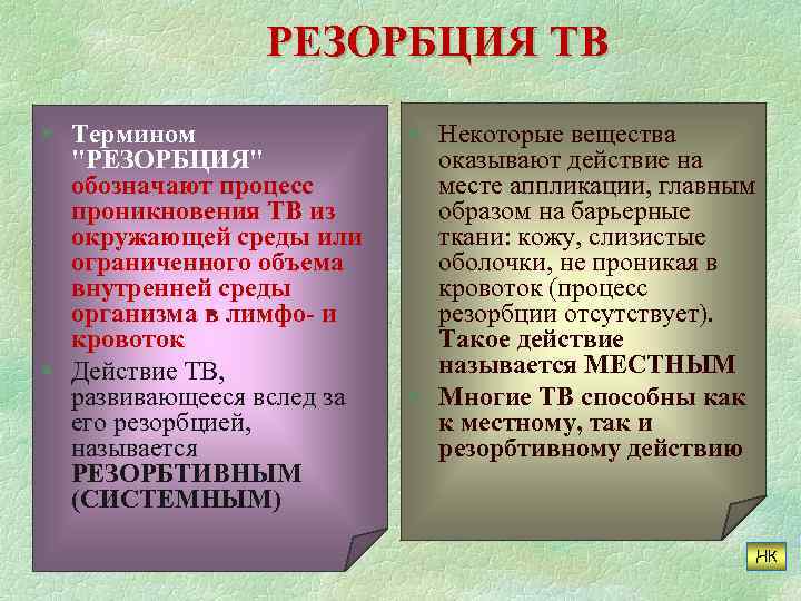 РЕЗОРБЦИЯ ТВ § Термином "РЕЗОРБЦИЯ" обозначают процесс проникновения ТВ из окружающей среды или ограниченного