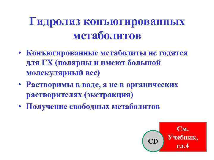 Гидролиз конъюгированных метаболитов • Конъюгированные метаболиты не годятся для ГХ (полярны и имеют большой
