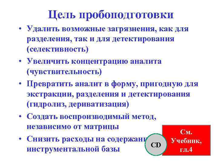 Цель пробоподготовки • Удалить возможные загрязнения, как для разделения, так и для детектирования (селективность)