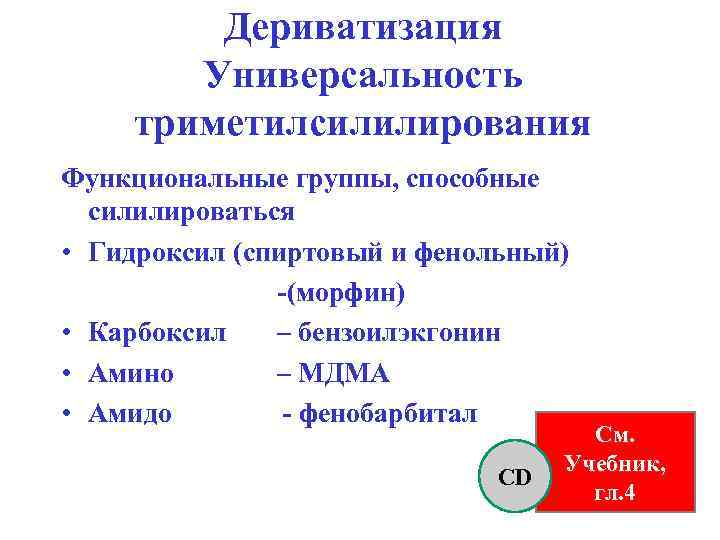 Дериватизация Универсальность триметилсилилирования Функциональные группы, способные силилироваться • Гидроксил (спиртовый и фенольный) -(морфин) •