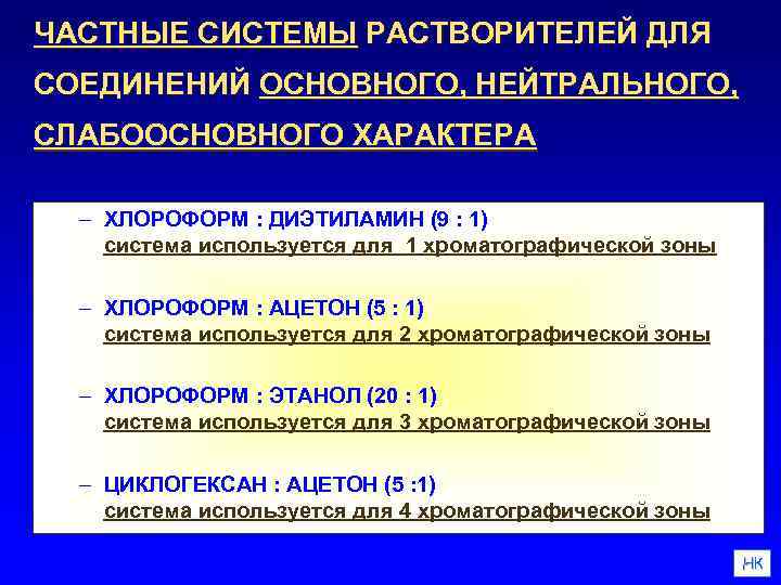ЧАСТНЫЕ СИСТЕМЫ РАСТВОРИТЕЛЕЙ ДЛЯ СОЕДИНЕНИЙ ОСНОВНОГО, НЕЙТРАЛЬНОГО, СЛАБООСНОВНОГО ХАРАКТЕРА – ХЛОРОФОРМ : ДИЭТИЛАМИН (9