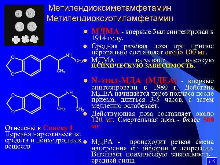 Метилендиоксиметамфетамин Метилендиоксиэтиламфетамин l МДМА - впервые был синтезирован в l 1914 году. Средняя разовая
