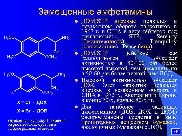 Замещенные амфетамины l l отнесены к Списку I Перечня наркотических средств и психотропных веществ