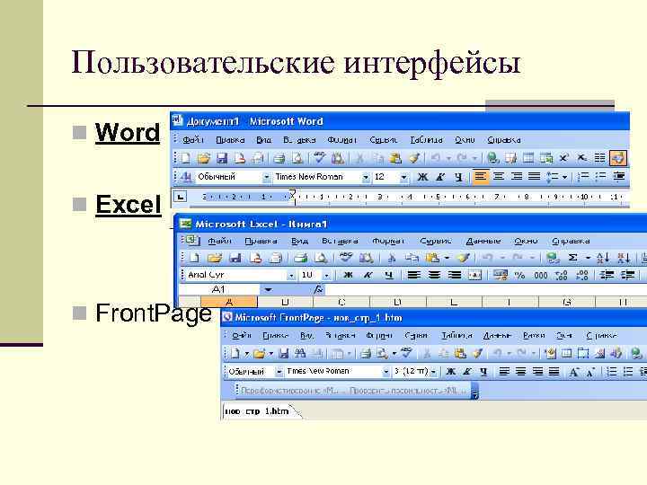 Пользовательские интерфейсы n Word n Excel n Front. Page 