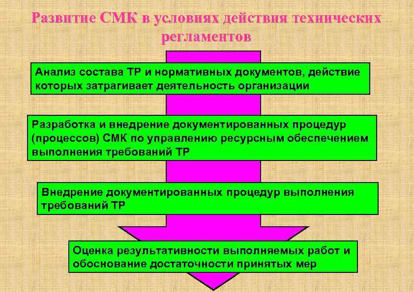 Развитие СМК в условиях действия технических регламентов Анализ состава ТР и нормативных документов, действие