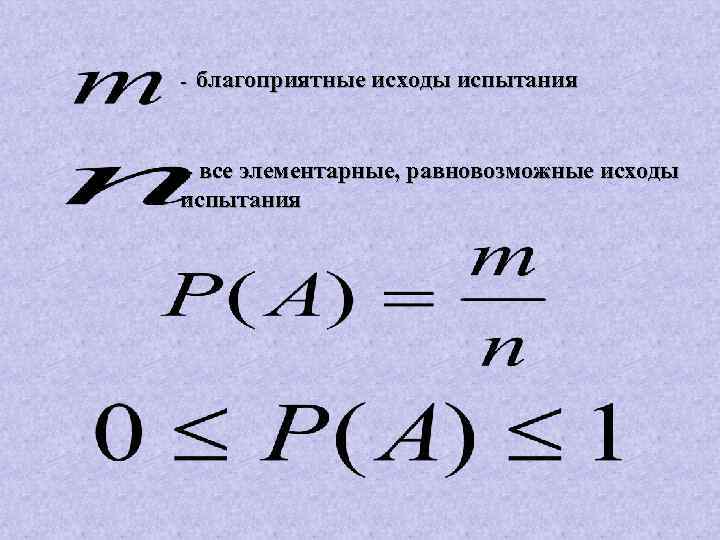 - благоприятные исходы испытания - все элементарные, равновозможные исходы испытания 