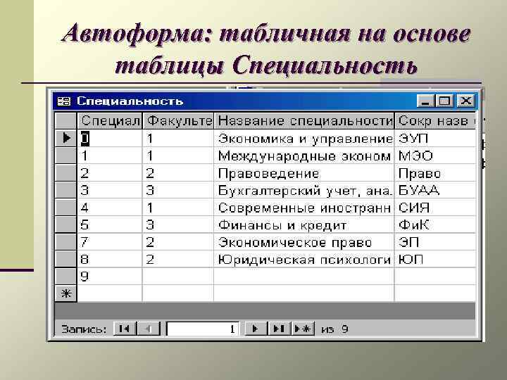 Автоформа: табличная на основе таблицы Специальность 