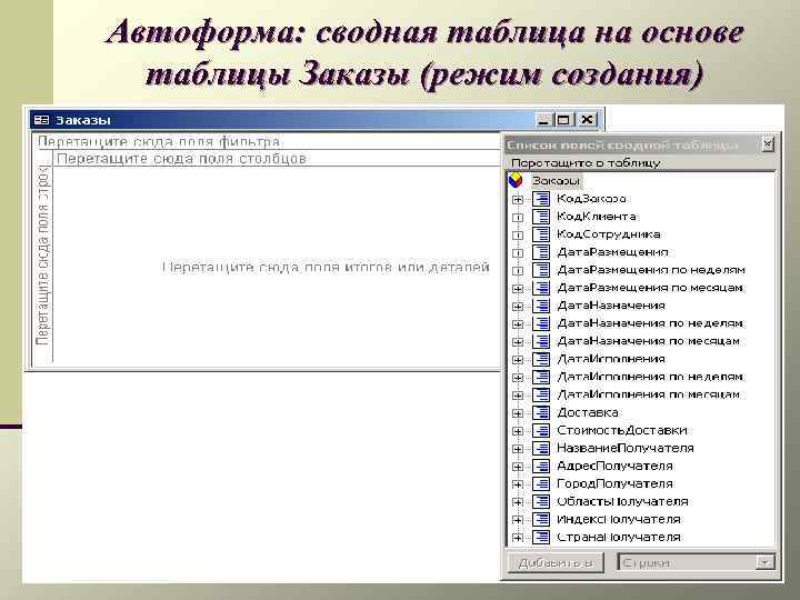 Автоформа: сводная таблица на основе таблицы Заказы (режим создания) 