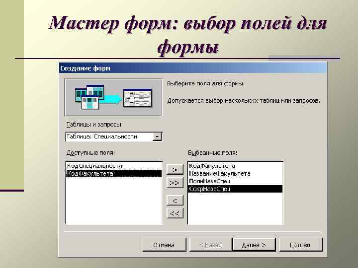 Мастер форм: выбор полей для формы 