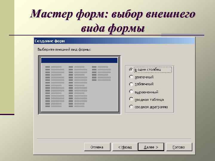 Создание внешней. Внешний вид формы в access. Мастер создания форм. Как задать внешний вид формы. Внешний вид формы Информатика.