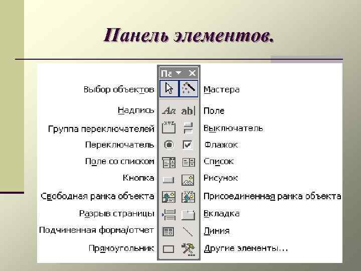 Элементы находятся. Что позволяет панель элементов в MS access ?. Опишите кнопки панели элементов в access. Панель элементов в access 2007. Панель элементов управления в access.