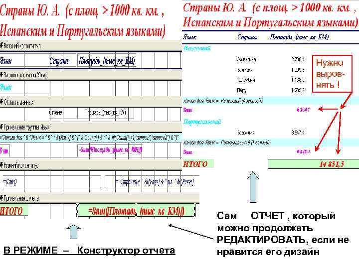 Нужно выровнять ! В РЕЖИМЕ – Конструктор отчета Сам ОТЧЕТ , который можно продолжать