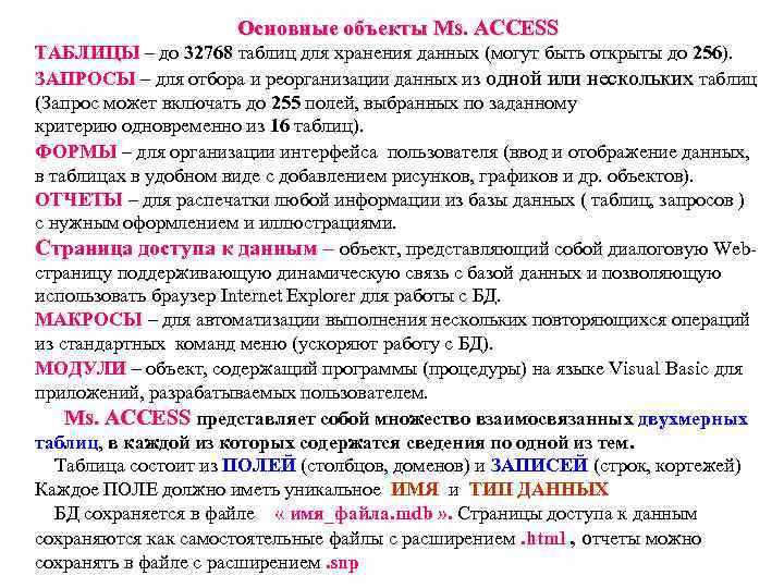 Основные объекты Ms. ACCESS ТАБЛИЦЫ – до 32768 таблиц для хранения данных (могут быть