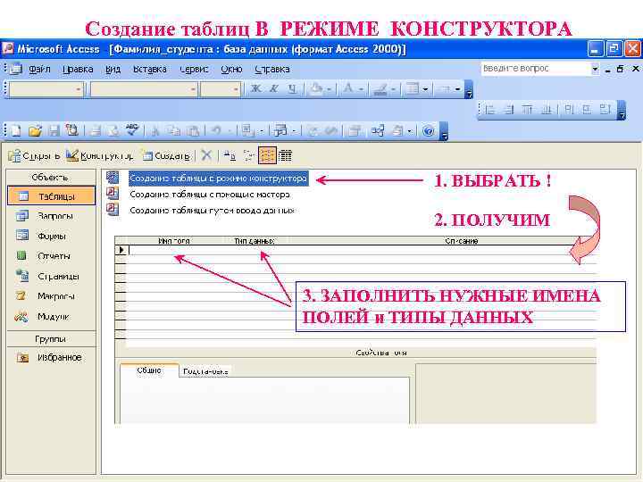 Создание таблиц В РЕЖИМЕ КОНСТРУКТОРА 1. ВЫБРАТЬ ! 2. ПОЛУЧИМ 3. ЗАПОЛНИТЬ НУЖНЫЕ ИМЕНА