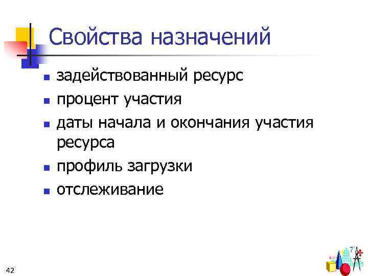 Свойства назначений n n n 42 задействованный ресурс процент участия даты начала и окончания