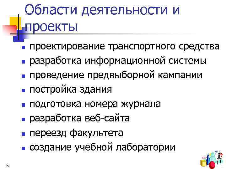 Области деятельности и проекты n n n n 5 проектирование транспортного средства разработка информационной