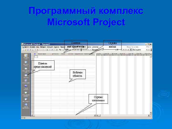 Программный комплекс Microsoft Prоject Панели инструментов Строка ввода Панель представлений Рабочая область Строка состояния