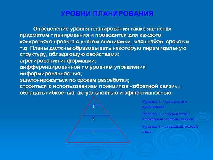 УРОВНИ ПЛАНИРОВАНИЯ Определение уровня планирования также является предметом планирования и проводится для каждого конкретного