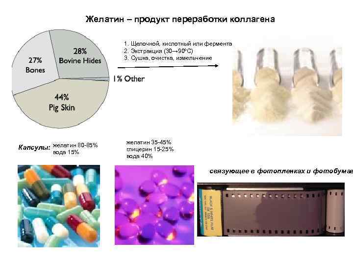 Желатин – продукт переработки коллагена 1. Щелочной, кислотный или ферментативный гидролиз 2. Экстракция (30→