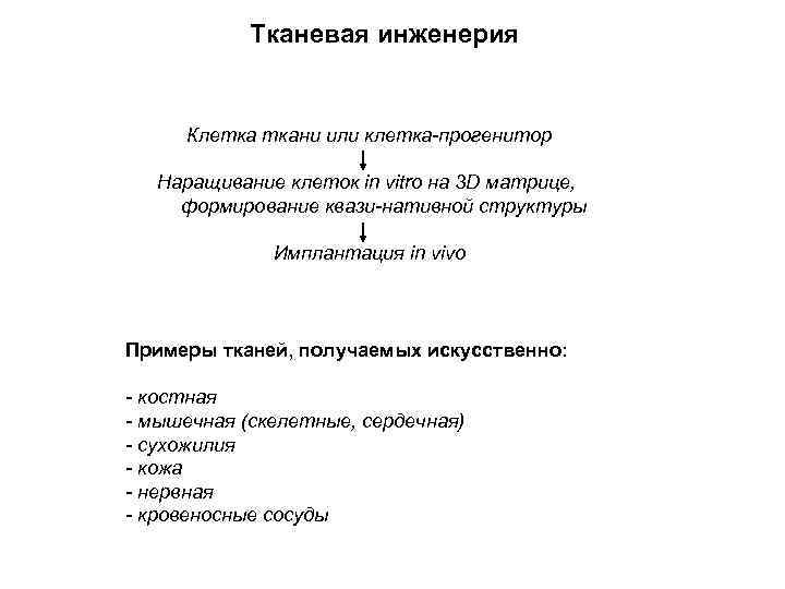 Тканевая инженерия Клетка ткани или клетка-прогенитор Наращивание клеток in vitro на 3 D матрице,
