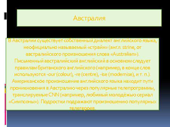 Австралия В Австралии существует собственный диалект английского языка, неофициально называемый «страйн» (англ. strine, от